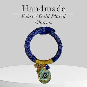 Blue and Gold Fabric Bracelet with Charms